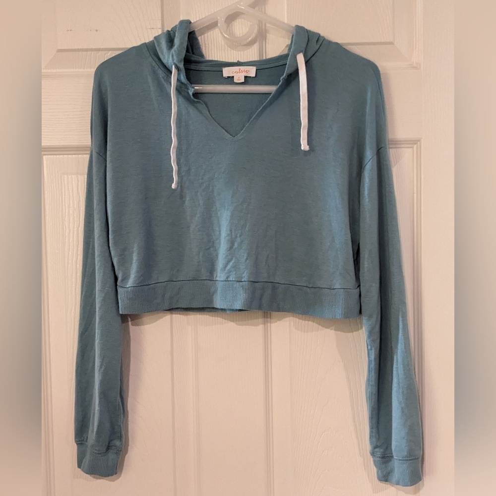 SET Colsie French Terry Lounge Cropped Hoodie - Light Blue - Size Small